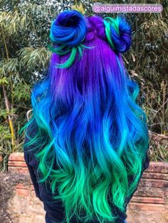 Hair Color Ideas Multicolor, Wild Colored Hair, Bright Colored Peekaboo Highlights, Blue To Green Hair, Multi Blue Hair, Hair Colors Bright, Blue Green Hair Color Ideas, Vivid Color Hair Ideas