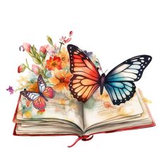 an open book with two butterflies on it and flowers in the pages next to it