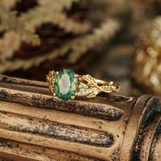 Nature-inspired gold ring with moss agate center and green sapphire accents Vintage Sapphire Ring, Emerald Wedding Rings, Nature Inspired Rings, Full Eternity Ring, Wedding Anniversary Gift, Solid Gold Jewelry, Small Rings, Engagement Ring Wedding Band, Ring For Women