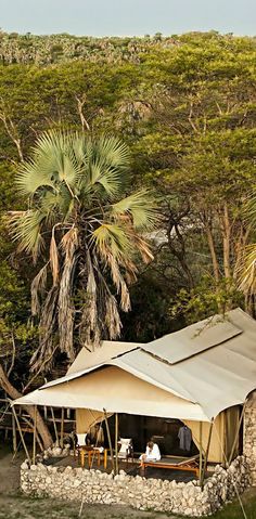 an outdoor tent set up in front of some trees