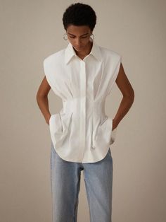 White Casual Collar Sleeveless Woven Fabric Plain Shirt Embellished Non-Stretch Spring/Fall Women Clothing At Home Clothes, Drop Shoulder Shirt, Shirt Drawing, Cap Sleeve Shirt, Breast Tape Lift, Plain Shirt, Casual Cap, Lingerie Accessories, Vest Shirt