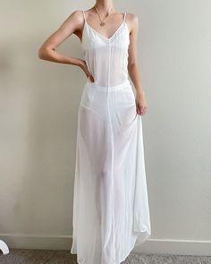 Vintage rare 1993 runway Dolce Gabbana sheer white maxi dress, size Small by AlizeeGarments on Etsy White Sheer Flowy Dress, Sheer Sundress Summer, White Maxi Slip Dress, Sheer White Outfit, Sheer White Dress Aesthetic, Mesh White Dress, White See Thru Dress, Sheer Flowy Dress, Vintage Sheer Dress