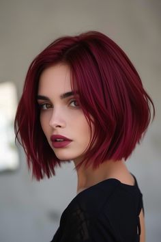 A short bob in a deep ruby red shade is popular for 2024. This rich and intense color adds depth and glamour, making it perfect for a bold and dramatic short bob style. Click to see more. Pelo Color Vino, Rock Culture, Cherry Red Hair, Bob Hair Color, Haircut Inspo, Gorgeous Hair Color, Makijaż Smokey Eye, Hair Braid, Short Hair Color