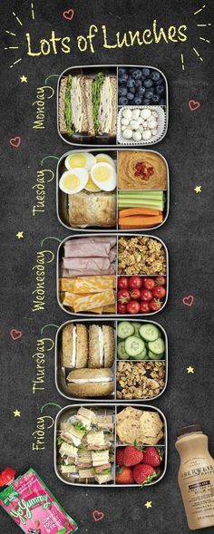 a lunch box filled with different types of food and the words lots of lunches written on it