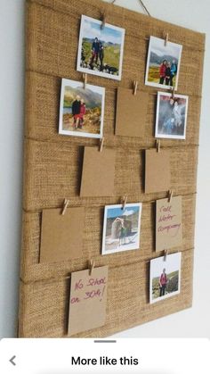 a bulletin board with pictures and magnets attached to the cork notice board, hanging on a wall