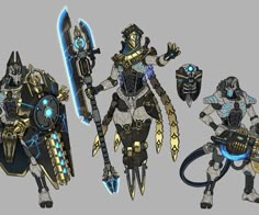 three different types of armor with blue lights on their faces and arms, one in the middle