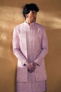 Onion pink overlap panel sherwani with embroidered geometric patterns. Comes with pant. - Aza Fashions Onion Pink, Cocktail Reception, Pink Silk, Geometric Patterns, Mandarin Collar, Aza Fashion, Mens Pants, Types Of Sleeves, Geometric Pattern