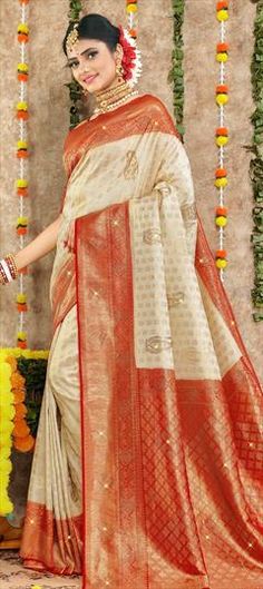 White and Off White color Saree in Brocade fabric with Stone, Weaving work Traditional Marriage Wear With Pallu, White Bollywood Dupatta For Marriage, Traditional Wear With Cutdana For Marriage, Traditional Drape Wear With Cutdana For Marriage, Zari Work Dupatta For Marriage Festivals, White Traditional Wear For Marriage, White Traditional Wear For Marriage And Festivals, Festive Wedding Saree, Festive Marriage Saree