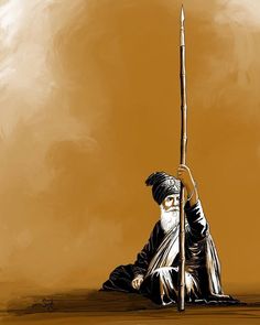 an old man sitting on the ground with a stick in his hand and wearing a turban