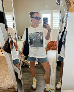 sambas, jorts, slickback, bun hairstyle, baggu, gazelle platform Platform Samba Outfit, Platform Gazelle Outfit, Outfit With Sambas, Gazelle Shoes Outfit, Sixflags Outfit, Slickback Bun, Aesthetic Fit Check, Gazelle Platform, Jorts Outfit