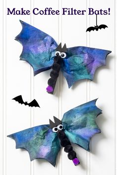 two bats made out of coffee filters with googly eyes on them and the words make coffee filter bats