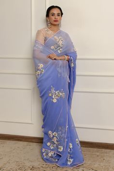 Blue ombre saree featuring floral embroidery in Swarovski crystals and thread work. Comes with an unstitched blouse piece. - Aza Fashions Blue Floral Saree, Ombre Saree, Floral Saree, Saree Silk, Traditional Indian Outfits, Blue Saree, Silk Organza, Thread Work, Blue Ombre