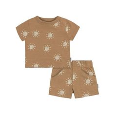 For sunny adventures, this matching t-shirt and shorts baby outfit is the perfect fit. It's crafted from 100% cotton, ensuring a soft and gentle feel against your child's delicate skin. The shorts feature a stretchy waistband for easy dressing, and the t-shirt has ribbing around the neckline, keeping your baby boy or toddler boy comfortable all day long. So, wherever the day leads, they'll be ready for some fun. And for easy cleaning, simply toss the set in the washing machine and dryer to keep it clean all season long. Our essentials have been independently certified with STANDARD 100 by OEKO-TEX so that you dont have to worry about harmful substances in your babys wardrobe. This pack includes one t-shirt and matching shorts. Size: 6-9 Months.  Color: Brown.  Gender: male.  Age Group: inf Cute Summer Sets With Crew Neck, Summer Playtime Crew Neck Sets, Summer Playtime Sets With Crew Neck, Relaxed Fit Playwear Sets For Summer, Summer Relaxed Fit Playtime Sets, Playful Unisex Summer Sets, Baby Outfits For Boys, Matching Top And Shorts, Outfits For Boys