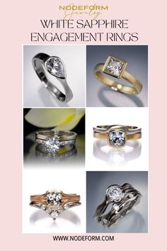 four different types of engagement rings with the words white sapphire engagement rings written below them