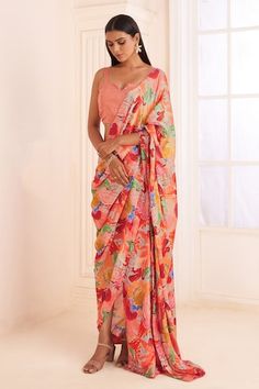 Blush pink abstract floral print pre draped saree. Paired with an embroidered padded blouse featuring beaded tassels. - Aza Fashions Drape Saree, Abstract Floral Print, Blouse For Women, Satin Color, Indian Fashion Designers, Pink Abstract, Pernia Pop Up Shop, Saree With Blouse, Printed Sarees