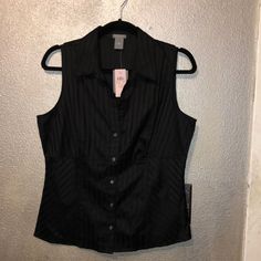 This Is Perfect For Summer. Ann Taylor Black Stripe Sleeveless Top. It Contrasting Material For Stripes And A Button Front Closure. It Has A Spare Button On Tag. It Is New With Tags And A Size 12p. Measurements Bust 38” Formal Black Sleeveless Tank Top, Gothic Black Sleeveless Vest, Formal Sleeveless Tops With Buttons, Fitted Black Tank Top For Formal Occasions, Fitted Button-up Tank Top With Button Closure, Sleeveless Tops With Button Closure For Night Out, Gothic Fitted Tops For Workwear, Fitted Black Vest With Buttons, Black Sleeveless Tank Top With Button Closure