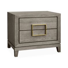 a grey wooden nightstand with two drawers and gold handles on the front, against a white background