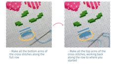 two pictures showing how to stitch hearts on the side of a cross - stitch pattern