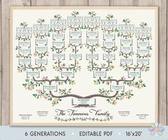 the family tree is shown on a white background with flowers and leaves around it,