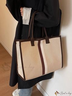 Bird in Bag - Colored Block Striped Canvas Shoulder Tote Bag with Large Capacity Zipper, Ideal for Daily Commute, Short/Long Trendy Brown Canvas Bag With Zipper Closure, Trendy Brown Canvas Bag With Zipper, Short Long, Shoulder Tote Bag, Bird In Bag, Shoulder Tote, Color Block, Tote Bag, Zipper