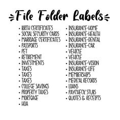 a black and white poster with the words file folder labels