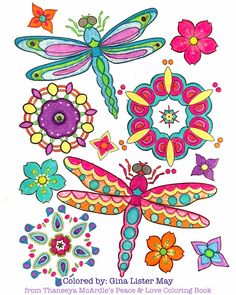 an adult coloring book with flowers and dragonflies