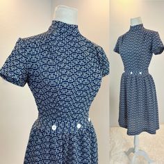 "1960s Dress / 60s Mod Dress / 1960s Mod dress / 60s dress This is a 1960s Mod style dress. It has a blue and cream print,a fitted waist with decorative buttons and a center back zipper. I love the hidden pleats in the front shoulders that give her an even more tailored look. Measurements provided are flat and have been doubled. Vintage size 12. Makers tag reads Kenny Classics Bust 36\" Waist 26\" Hips 50\"   Length 38\" Shoulder 15\" ❤️ Condition: Excellent vintage condition. This item has been Fitted Mod Dress With Vintage Print, Mod Fitted Dress With Vintage Print, Chic Fitted Dress With Retro Print, Mid-century Fitted Dress With Vintage Print, Fitted Retro Print Dress For Vintage Occasions, Fitted Mid-century Dress With Retro Print, Mid-century Fitted Dress With Retro Print, Fitted Dress With Retro Print For Vintage Fashion, Retro Fitted Dress With Vintage Pattern