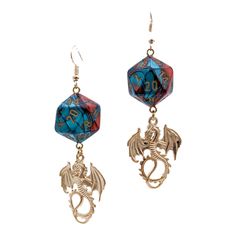 Dragons, anyone? Lovely golden dragon charms dangle under red/blue swirl D20 dice. These are perfect for players of D&D, Pathfinder, and other tabletop RPGs -- or for anyone who wants to geek out with a fun accessory. The dragon charm is about 1-1/4 inch long and an inch wide, and the earrings hang just over 3 inches overall. These are in line with most of our dice earrings, weighing about 1/4 ounce each (8 grams), so very wearable if you're used to dangle earrings. Charms are available in gold Gold Themed Dangle Jewelry, Themed Gold Dangle Jewelry, Gold Metal Jewelry For Fantasy Events, Themed Red Nickel-free Jewelry, Red Fantasy Jewelry, Nickel-free Red Themed Jewelry, Fantasy Red Metal Jewelry, Adjustable Red Fantasy Jewelry, Nickel-free Themed Red Jewelry