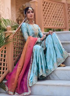 Dusty Mint Embroidered Gharara Suit – Lashkaraa Organza Dupatta Embroidery, Dupatta Embroidery, Gharara Suits, Organza Dupatta, Satin Top, New Launch, Hand Work, Color Combo, Free Bag