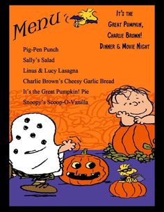 a menu for a halloween party with pumpkins and ghost