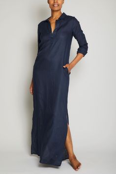 Pour Les Femmes Long Linen Shirt Dress in Navy Our versatile linen brings comfort and breathability with... Long Linen Dresses, Long Linen Shirt, Modest Shirt, Dress Like A Parisian, Blue Linen Shirt, Indigo Linen, Navy Shirt Dress, Shirt Dress Outfit, Robin Wright