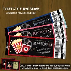 two movie ticket templates with red and blue stripes on the front, one has a popcorn