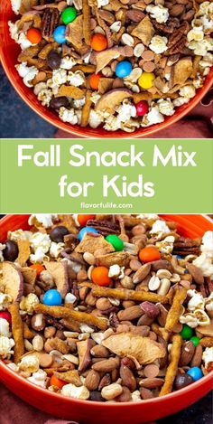 two red bowls filled with halloween snack mix and the words fall snack mix for kids