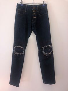 CHRISTOPHER NEMETH 90's Blue Denim Jeans, size S, with Ripped and stitched Motif on Knees (also worn by Bjork on Live MTV Show in 1998) Length: 96 cm Waist: 36 cm Unisex Alternative Style Denim Jeans For Alternative Fashion, Grunge Denim Jeans For Alternative Fashion, Alternative Fashion Distressed Denim Jeans, Alternative Style Ripped Denim Jeans, Fitted Alternative Style Denim Jeans, 90s Style Distressed Dark Wash Jeans, 90s Distressed Dark Wash Jeans, 90s Ripped Jeans For Streetwear, Christopher Nemeth