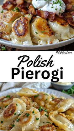 two plates with different types of food on them and the words polish pierggi