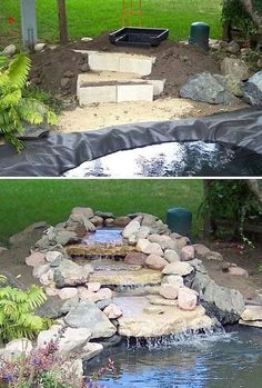 two different views of a small pond in the middle of a yard with rocks and water