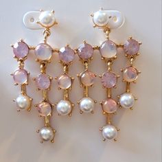 New These Are So Beautiful They Are A Chandelier Style Drop Earring Stud Style For Pierced Ears Gold Tone Faux Pearl Faux Opal Or Moonstone/ Opalite Iridescent Blush Pink Rhinestone Pink Pearl Drop Chandelier Earrings, Pink Pearl Earrings For Party, Pink Feminine Dangle Pearl Earrings, Pink Pearl Drop Dangle Earrings, Pink Pearl Jewelry For Party, Pink Dangle Chandelier Earrings For Pierced Ears, Pink Dangle Pearl Earrings, Feminine Pink Pearl Earrings For Party, Pink Dangle Pearl Earrings For Pierced Ears