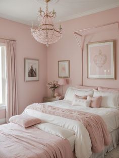 a bedroom with pink walls and white bedding, chandelier and pictures on the wall