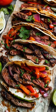 steak tacos with peppers, onions and cilantro on parchment paper next to lime wedges