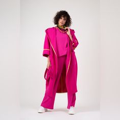 Bluzat Oversized Neon Pink Coat N111-2 With Finishing Contrasting Bias Band Sku: Fw23c079bp Very Good Condition Oversized Neon Pink Coat. Balloon Cut With Large Hood, Long Sleeve And Oversized Applied Pockets, With Finishing Contrasting Bias Band. The Item Comes With A Strap For The Waistline. Pit 23” Length 46” Pink Coat, Neon Pink, Jackets & Coats, Jackets For Women, Neon, Band, Long Sleeve, Green, Pink