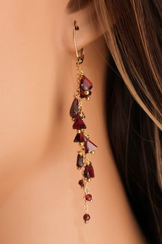 Genuine Garnet Faceted Merlot Red Cascade and Dangling Wire Wrap Handmade 14K Gold Filled Leverback Earrings, Bridal Gift Gold Rosary, Bridal Gift, Leverback Earrings, Watermelon Tourmaline, Delicate Necklace, Bridal Gifts, Merlot, Wire Wrap, Sterling Silver Necklaces