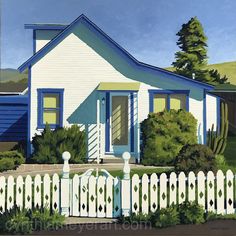 a painting of a white picket fence in front of a blue and white house with green trees