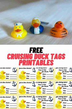 two rubber ducks sitting next to each other on top of a white sheet with the words, free cruising duck tags printables