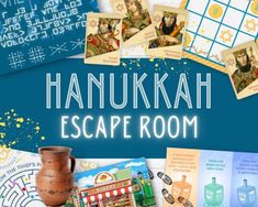 the hanukkah escape room is on display in front of many cards and pictures