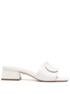 white leather appliqué logo square open toe slip-on style branded leather insole 35mm low block heel leather sole Block Heel Mules, Logo Shoes, White Sandals Heels, Heel Mules, Low Heel Sandals, Block Heel Shoes, Kinds Of Shoes, Mule Sandals, Low Block Heels