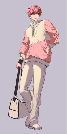 an anime character with pink hair holding a bag and standing in front of a gray background