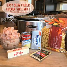 ingredients to make slow cooker chicken stroganoni in front of an instant pot