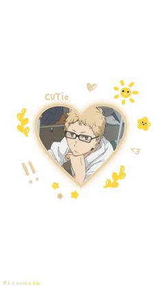 a person with glasses sitting in front of a heart shaped frame that says cutie