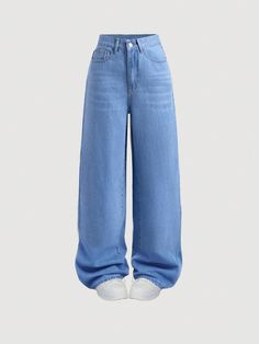 Medium Wash Casual Collar  Denim Plain Wide Leg Embellished Non-Stretch  Women Clothing Jean Azul, Casual College Outfits, Cargo Pants Outfit, Jeans Collection, Denim Pants Women, Tomboy Style Outfits, Quick Outfits