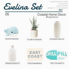 an advertisement for the coastal home decor company, called evelina set 005